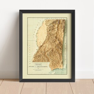 Mississippi Vintage Reliefkarte, basierend auf dem Original von 1878 | Wand Kunst & Home Decor | Gerahmter Druck | Topographische Karte Geschenk | KEINE 3D-KARTE