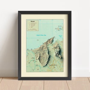 Brunei Vintage Relief Landkarte, basierend auf Original von 1984 | Brunei Wandkunst & Wohnkultur | Gerahmter Druck | Topographische Karte Geschenk | KEINE 3D-KARTE
