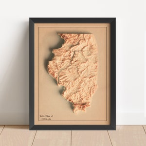 Mapa en relieve minimalista de Illinois / Arte mural de Illinois / Impresión enmarcada de Illinois / Decoración de pared antigua / Regalo de mapa topográfico / NO ES UN MAPA 3D
