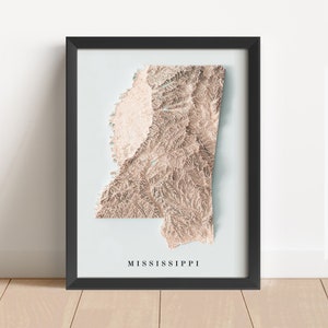 Mississippi Minimalistische Reliefkarte | Mississippi Wandkunst | Gerahmter Druck | Antikes Wanddekor | Topographische Karte Geschenk | KEINE 3D-KARTE