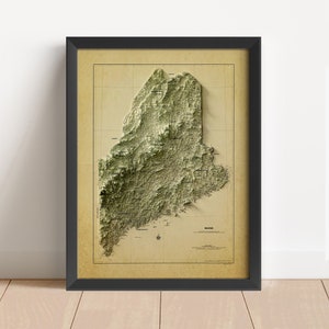 Maine Vintage Reliefkarte, basierend auf Original von 1980 | Maine Wand Kunst & Home Decor | Gerahmter Druck | Topographische Karte Geschenk | KEINE 3D-KARTE