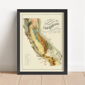 Kalifornien Vintage Relief Karte, basierend auf dem Original von 1891 | Kalifornien Wand Kunst & Home Decor | Geschenk | Topographischer Druck | KEINE 3D-KARTE