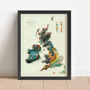 Carte en relief vintage des îles britanniques, basée sur l'original de 1886 | Irlande Art mural et décoration d'intérieur | Impression encadrée | Cadeau carte de l'Angleterre | PAS UNE CARTE 3D