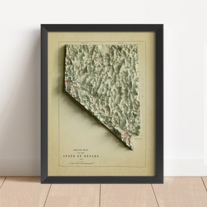 Carte en relief vintage du Nevada, basée sur l'original de 1960 | Art mural et décoration d'intérieur du Nevada | Impression encadrée | Carte topographique en cadeau | PAS UNE CARTE 3D