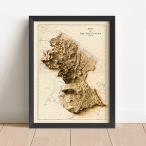 Guyana Vintage Relief-Karte, basierend auf dem Original von 1907 | Guyana Wand Kunst & Home Decor | Gerahmter Druck | Topographische Karte Geschenk | KEINE 3D-KARTE