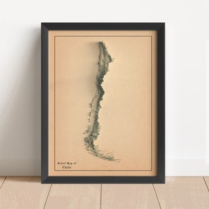 Chile Minimalistische Reliefkarte | Chile Wandkunst | Gerahmter Chile Druck | Antikes Wanddekor | Topographische Karte Geschenk | KEINE 3D-KARTE
