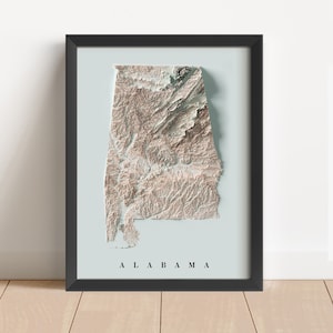 Alabama minimalistische Reliefkarte | Alabama Wandkunst | Gerahmte Alabama Druck | Antikes Wanddekor | Topographische Karte Geschenk | KEINE 3D-KARTE