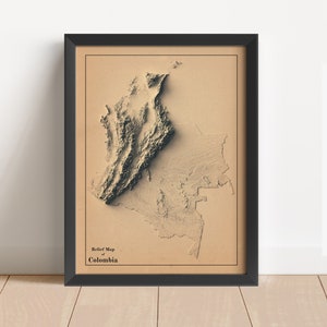 Kolumbien Minimalistische Reliefkarte | Kolumbien Wandkunst | Gerahmtes Kolumbien Poster | Antikes Wanddekor | Topographische Karte Geschenk | KEINE 3D-KARTE