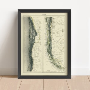 Carte en relief vintage du Chili, basée sur l'original de 1892 | Art mural et décoration d'intérieur du Chili | Impression encadrée | Carte topographique en cadeau | PAS UNE CARTE 3D
