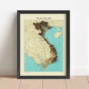 Vietnam Vintage Relief Landkarte, basierend auf Original von 1966 | Vietnam Wand Kunst & Home Decor | Gerahmter Druck | Topographische Karte Geschenk | KEINE 3D-KARTE