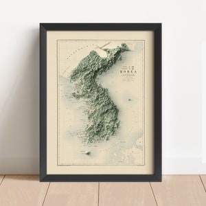 Vintage reliëfkaart Noord- en Zuid-Korea, gebaseerd op origineel uit 1886 | Kaart Noord-Korea | Zuid-Korea | Muurkunst en woondecoratie | GEEN 3D-KAART