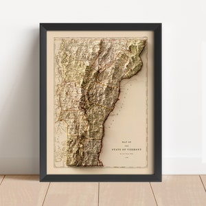 Vermont Vintage Reliefkarte, basierend auf dem Original von 1796 | Vermont Wand Kunst & Home Decor | Gerahmter Druck | Topographische Karte Geschenk | KEINE 3D-KARTE