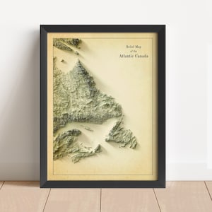 Carte en relief minimaliste du Canada atlantique | Art mural du Canada atlantique | Impression encadrée | Décoration murale antique | Carte topographique en cadeau | PAS UNE CARTE 3D
