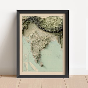 Carte en relief vintage de l'Inde, basée sur l'original de 1907 | Art mural et décoration d'intérieur de l'Inde | Impression encadrée | Carte topographique en cadeau | PAS UNE CARTE 3D