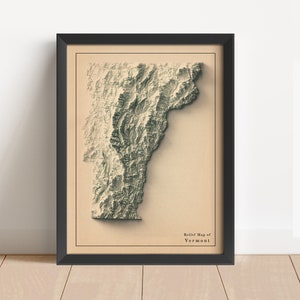 Vermont Minimalistische Reliefkarte | Vermont Wandkunst | Vermont gerahmter Druck | Antikes Wanddekor | Topographische Karte Geschenk | KEINE 3D-KARTE