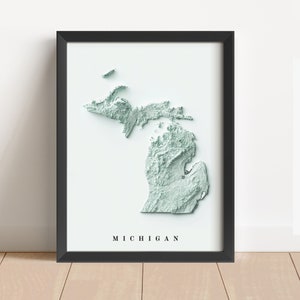 Minimalistische reliëfkaart Michigan | Muurkunst Michigan | Ingelijste print Michigan | Antieke wanddecoratie | Cadeau topografische kaart | GEEN 3D-KAART