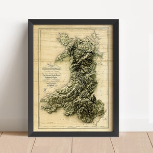 Wales Vintage Relief Karte, basierend auf dem Original von 1833 | Wales Wandkunst & Wohnkultur | Gerahmter Druck | Topographische Karte Geschenk | KEINE 3D-KARTE