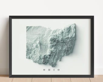 Könnte beinhalten: Gerahmte 3D-Topografische Karte von Ohio in Grau- und Weißtönen. Die Umrisse des Staates sind deutlich zu sehen, darunter das Wort "OHIO". Der Rahmen ist schwarz. Die Karte zeigt die unterschiedlichen Höhenlagen des Staates.