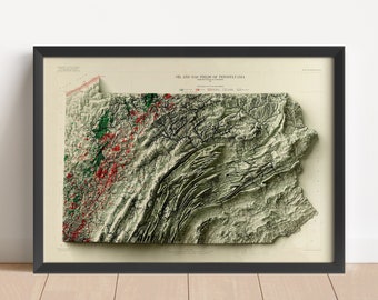 May include: A vintage map of Pennsylvania showing the oil and gas fields. The map is in black and white with red and green markings. The title "Oil and Gas Fields of Pennsylvania" is at the top of the map.