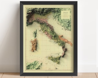May include: A vintage, detailed, relief map of Italy with a black frame. The map is printed on cream paper with green, brown, and pink colors. The title "ITALY" is printed in the upper right corner.