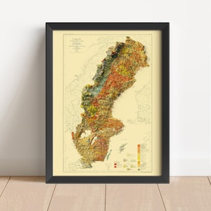 Carte en relief vintage de la Suède, basée sur l'original de 1910 | Art mural et décoration d'intérieur, Suède | Impression encadrée | Carte topographique en cadeau | PAS UNE CARTE 3D
