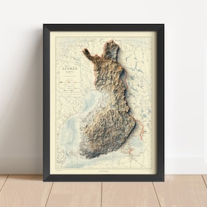 Finnland Vintage Reliefkarte, basierend auf der Vorlage von 1917 | Finland Wall Art & Home Decor | Gerahmter Druck | Topographische Karte Geschenk | KEINE 3D-KARTE