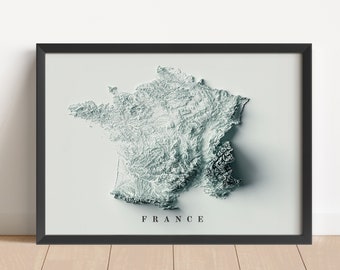 Carte de France, carte en relief de la France, décoration murale de la France, carte minimaliste de la France, affiche de la France - POSTER PLAT 2D