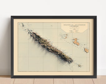 New Caledonia Vintage Relief Map, based on 1900 original | Wall Art & Home Decor | Framed Print | Topographic Map Gift | NOT A 3D MAP
