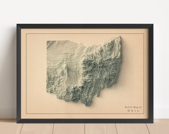 Könnte beinhalten: Eine Reliefkarte von Ohio im Vintage-Stil in einem schwarzen Rahmen. Die Karte ist auf einem beigefarbenen Hintergrund gedruckt und zeigt die Topographie des Bundesstaates in Grüntönen.