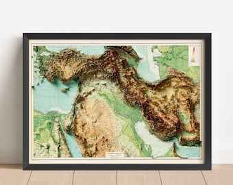 Middle East Vintage Relief Map, based on 1916 original | Persia Wall Art & Home Decor | Framed Print | Topographic Map Gift | NOT A 3D MAP