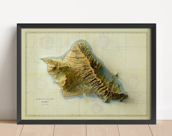 Oahu (Hawaii) Vintage Relief Map, based on 1959 original | Oahu Wall Art & Home Decor | Framed Print | Topographic Map Gift | NOT A 3D MAP