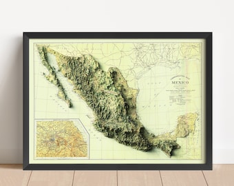 May include: A vintage-style relief map of Mexico, showing the country's topography and major cities. The map is framed in black and has a light green and yellow color scheme.