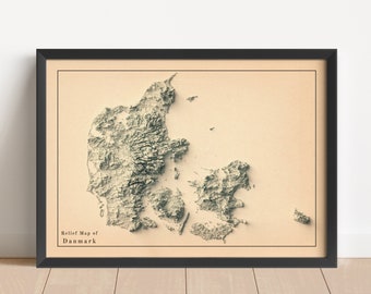 Denmark Minimalist Relief Map | Denmark Wall Art | Framed Denmark Print | Antique Wall Decor | Topographic Map Gift | NOT A 3D MAP