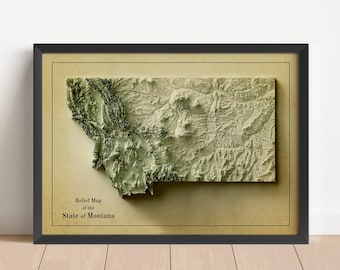 May include: A vintage-style relief map of the State of Montana, framed in black. The map shows the state's topography with green and brown hues.