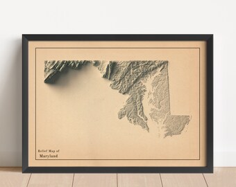 Może przedstawiać: Ramowana mapa reliefowa stanu Maryland w stylu vintage, wydrukowana na beżowym tle z tekstem "Relief Map of Maryland" na dole.