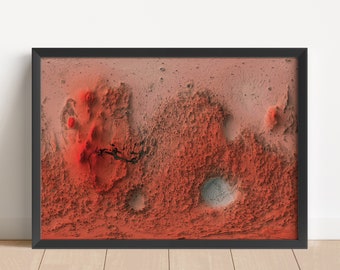 May include: A framed abstract art print featuring a textured, red and orange landscape with a black line running through it. The print has a white background and a black frame.