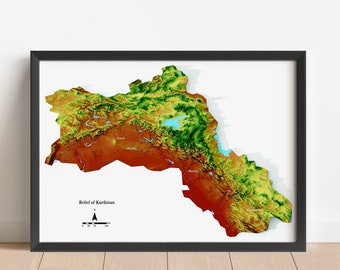 Mapa minimalista en relieve del Kurdistán / Arte mural del Kurdistán / Lámina enmarcada del Kurdistán / Decoración de pared antigua / Regalo de mapa topográfico / NO ES UN MAPA 3D