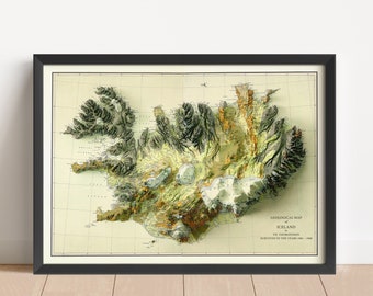 May include: Framed geological map of Iceland, featuring a 3D relief effect. The map displays topographical details in shades of green, brown, and beige, with a black frame. Text at the bottom reads "Geological Map of Iceland".