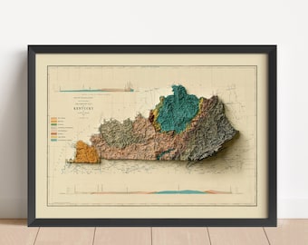 May include: A vintage-style relief map of Kentucky, showing the state's topography with different colors representing elevation. The map is framed in black and has a cream-colored background.