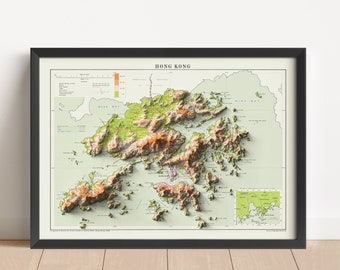 Hong Kong Vintage Relief Map, based on 1963 original | Hong Kong Wall Art & Home Decor | Framed Print | Topographic Map Gift | NOT A 3D MAP