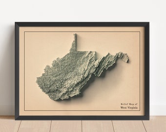Minimalistisk reliefkarta över West Virginia | Väggkonst över West Virginia | Inramat tryck | Antik väggdekoration | Topografisk karta, gåva | INTE EN 3D-KARTA