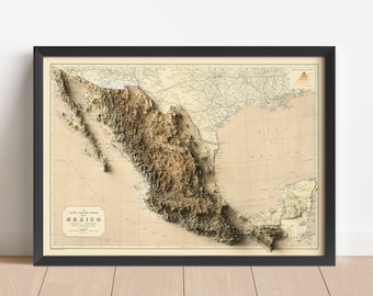 May include: A vintage, detailed relief map of Mexico, printed in brown and beige tones. The map is framed in black and features the title "The National Geographic Magazine Map of Mexico" in a banner at the bottom.