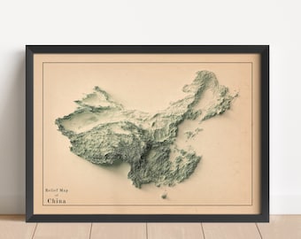 China Minimalist Relief Map | China Wall Art | Framed China Print | Antique Wall Decor | Topographic Map Gift | NOT A 3D MAP