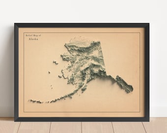 May include: A vintage-style relief map of Alaska, printed on a cream-colored paper with a black frame. The map shows the state's topography with green shading for elevation.