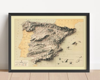 Puede incluir: Un mapa en relieve de España de estilo vintage, que muestra la topografía del país en tonos marrones y verdes. El mapa está enmarcado en negro y tiene un fondo crema con texto en español.