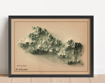 El Salvador Minimalist Relief Map | El Salvador Wall Art | Framed Print | Antique Wall Decor | Topographic Map Gift | NOT A 3D MAP