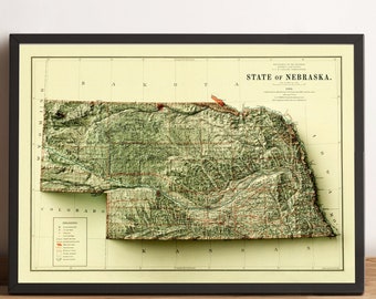 Nebraska Map - Nebraska Relief Map - Vintage Map of Nebraska - Nebraska Print - Nebraska Wall Decor - Nebraska Old Map - Nebraska Wall Art