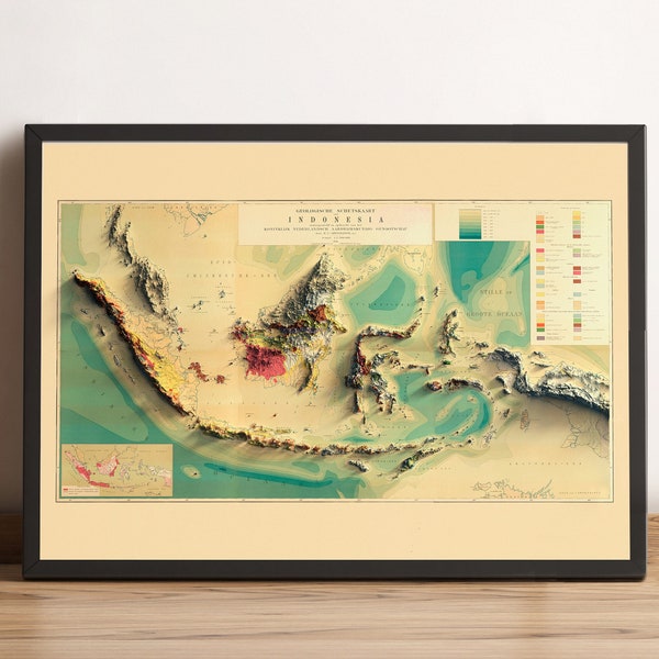 Indonesië kaart - Indonesië Relief kaart - Indonesië Vintage kaart - Indonesië Print - Indonesië eiland - Indonesië geologische kaart - Indonesië Art