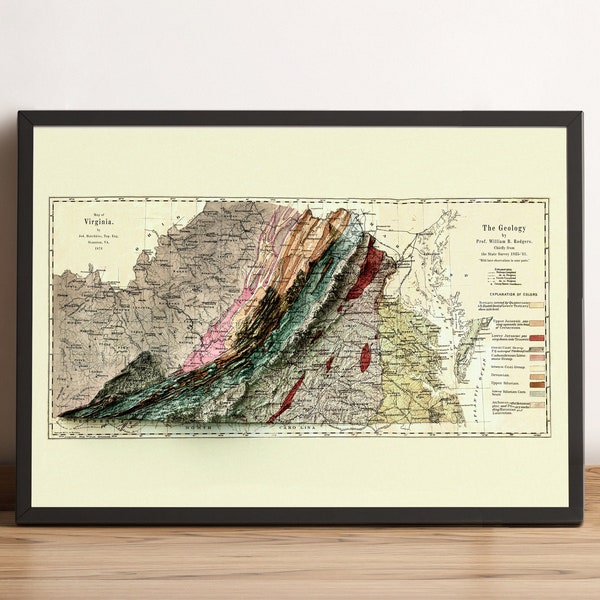 Virginia Map - Virginia Relief Map - Vintage Map of Virginia - Virginia Print - Virginia Wall Decor - Virginia Geological Map