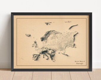 Minimalistische reliëfkaart van Europa | Muurdecoratie Europa | Ingelijste print van Europa | Antieke wanddecoratie | Topografische kaart als cadeau | GEEN 3D-KAART